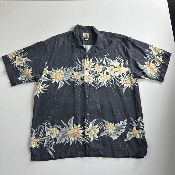 Tommy Bahama Hawaiian Camp Shirt Men Large Silk Tropical Black Floral Button Up‎ - Picture 1 of 8